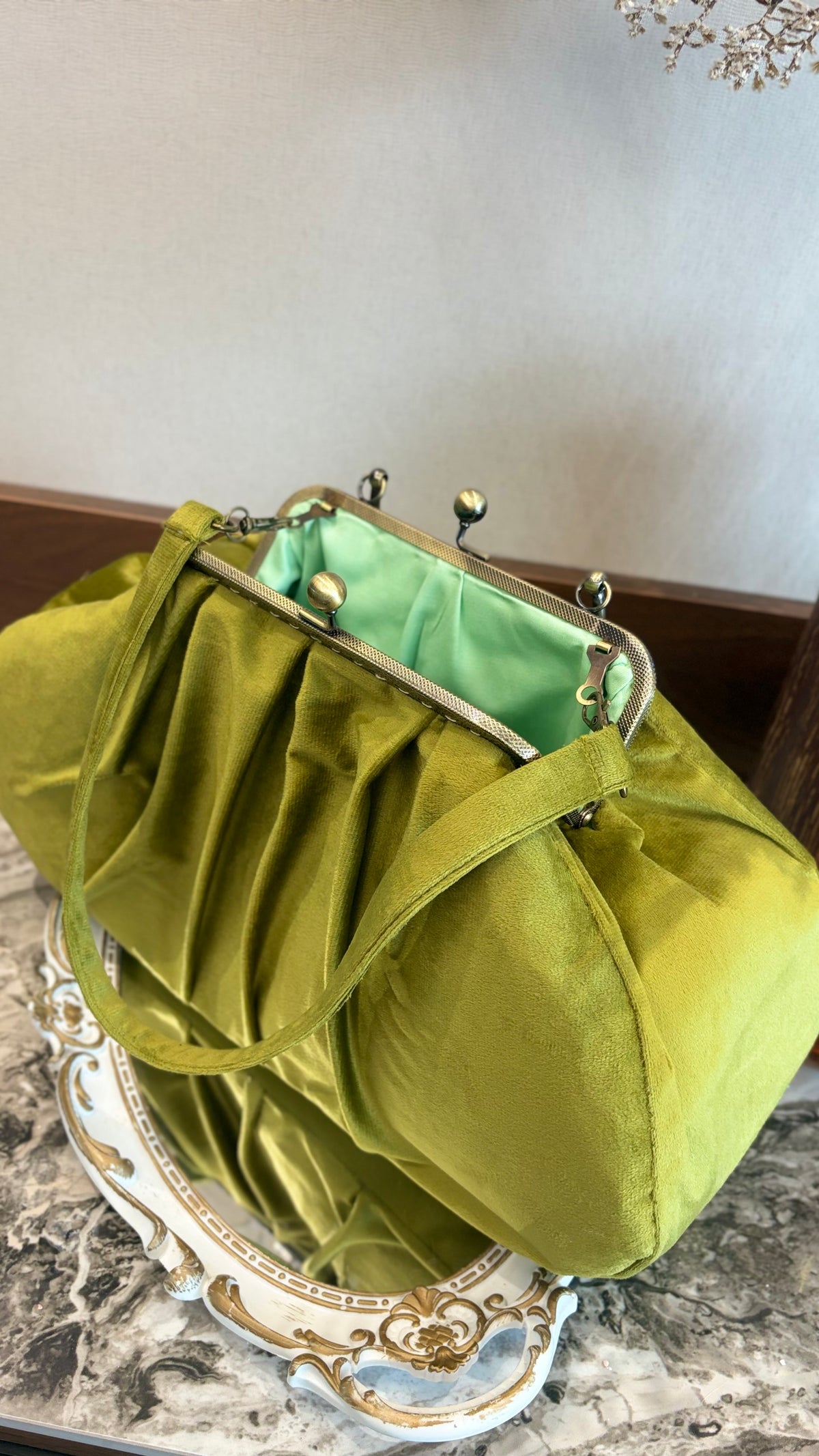 Olive Green Velvet Bag,36x18x12cm