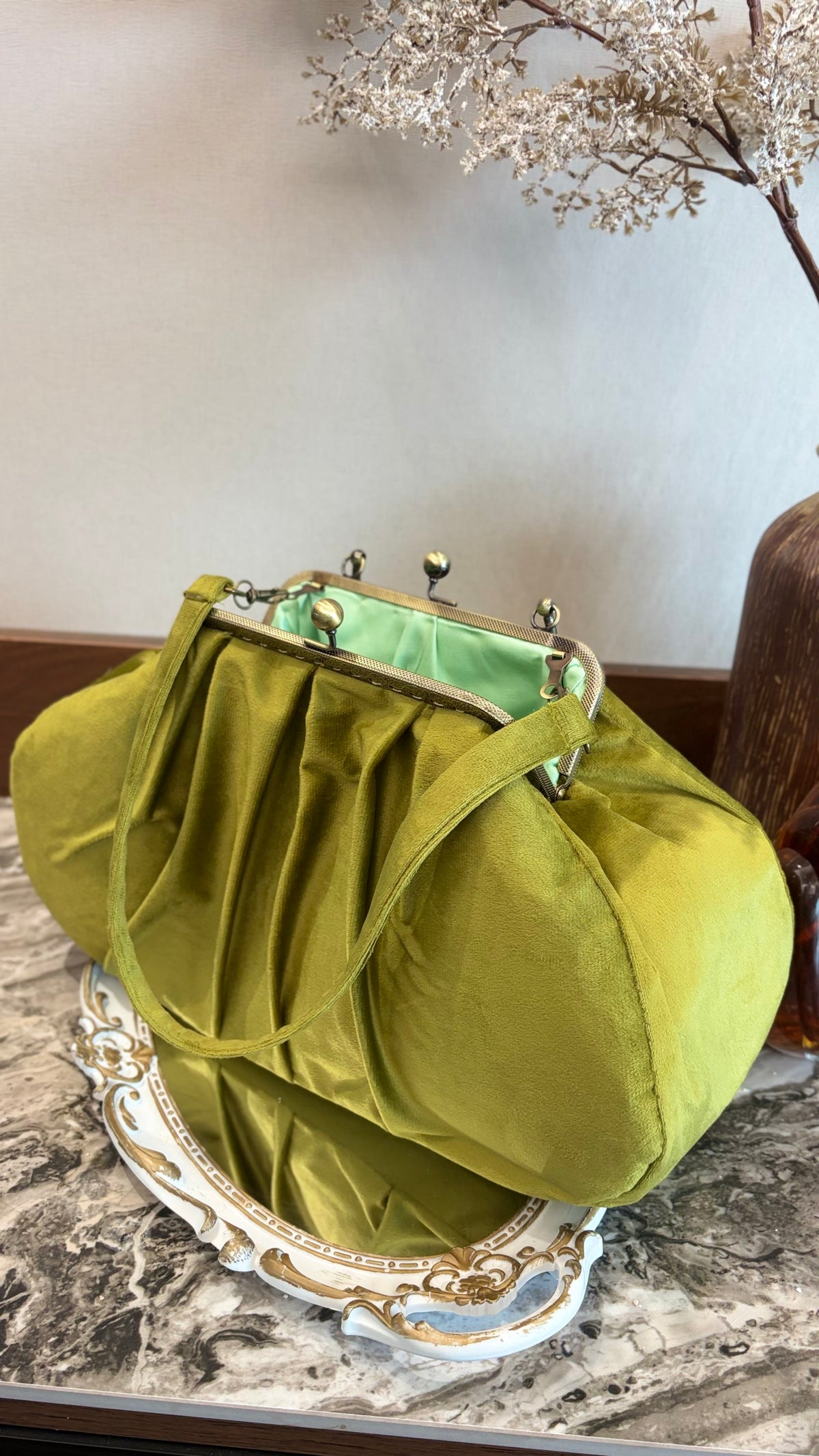 Olive Green Velvet Bag,36x18x12cm