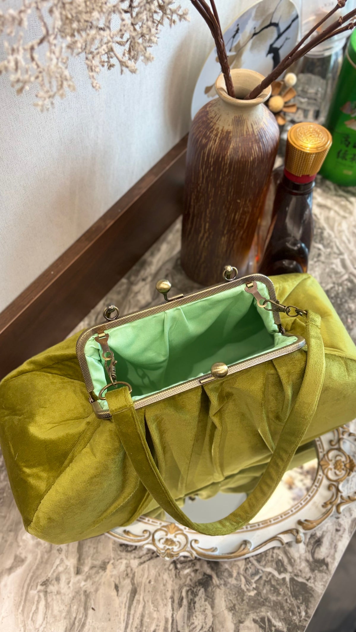 Olive Green Velvet Bag,36x18x12cm