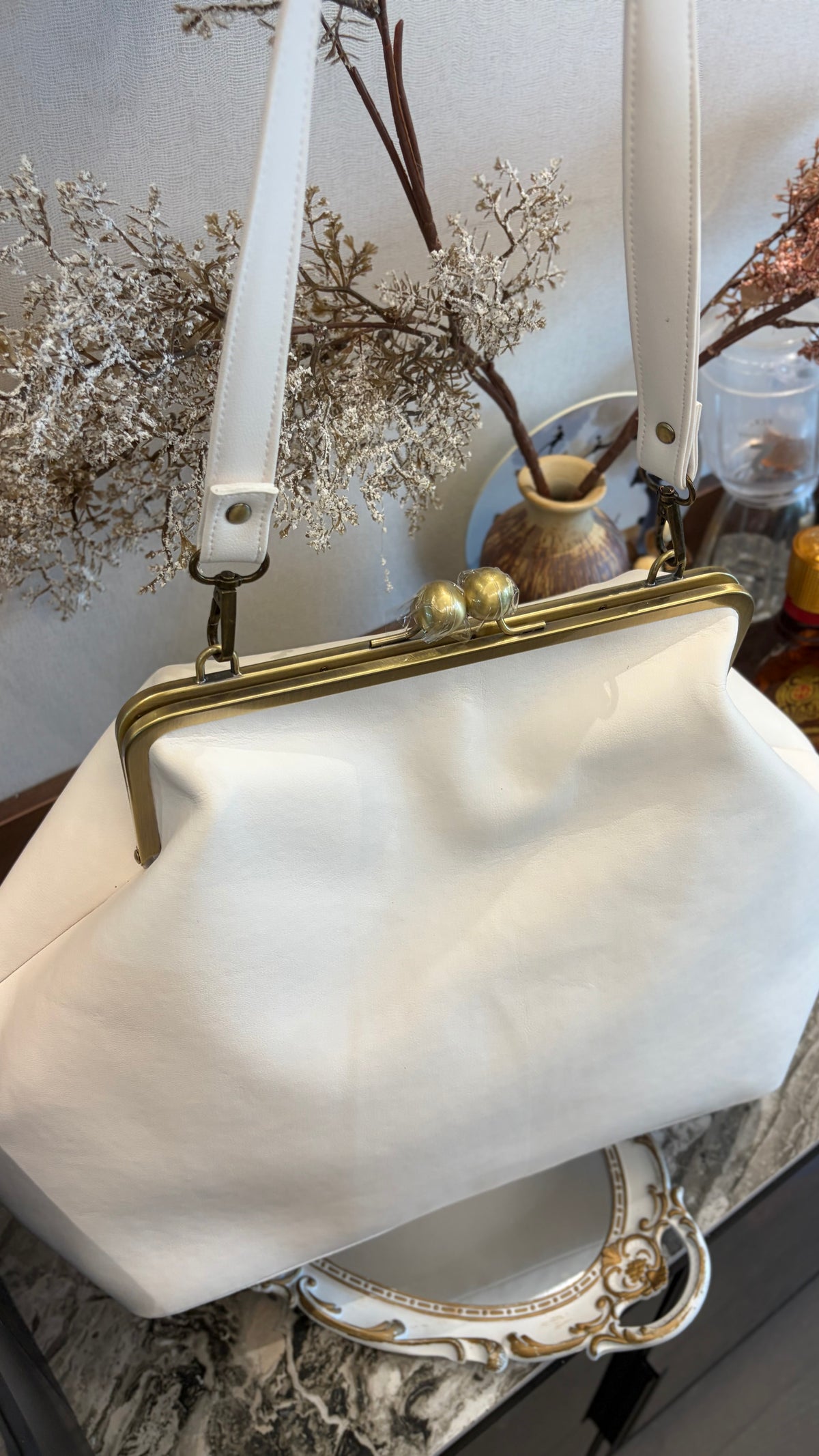 Poor White Large Handlebag,Leather Clutch Frame,20x12x8inch