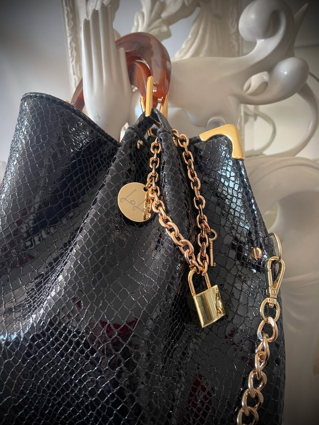Polished Black Snakeskin with A Special Texture, Turtle Handles