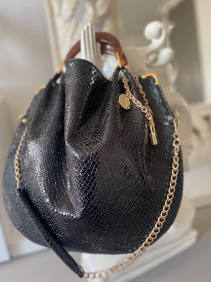 Polished Black Snakeskin with A Special Texture, Turtle Handles