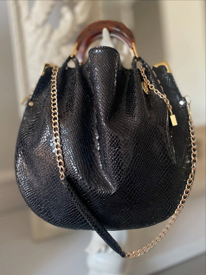 Polished Black Snakeskin with A Special Texture, Turtle Handles
