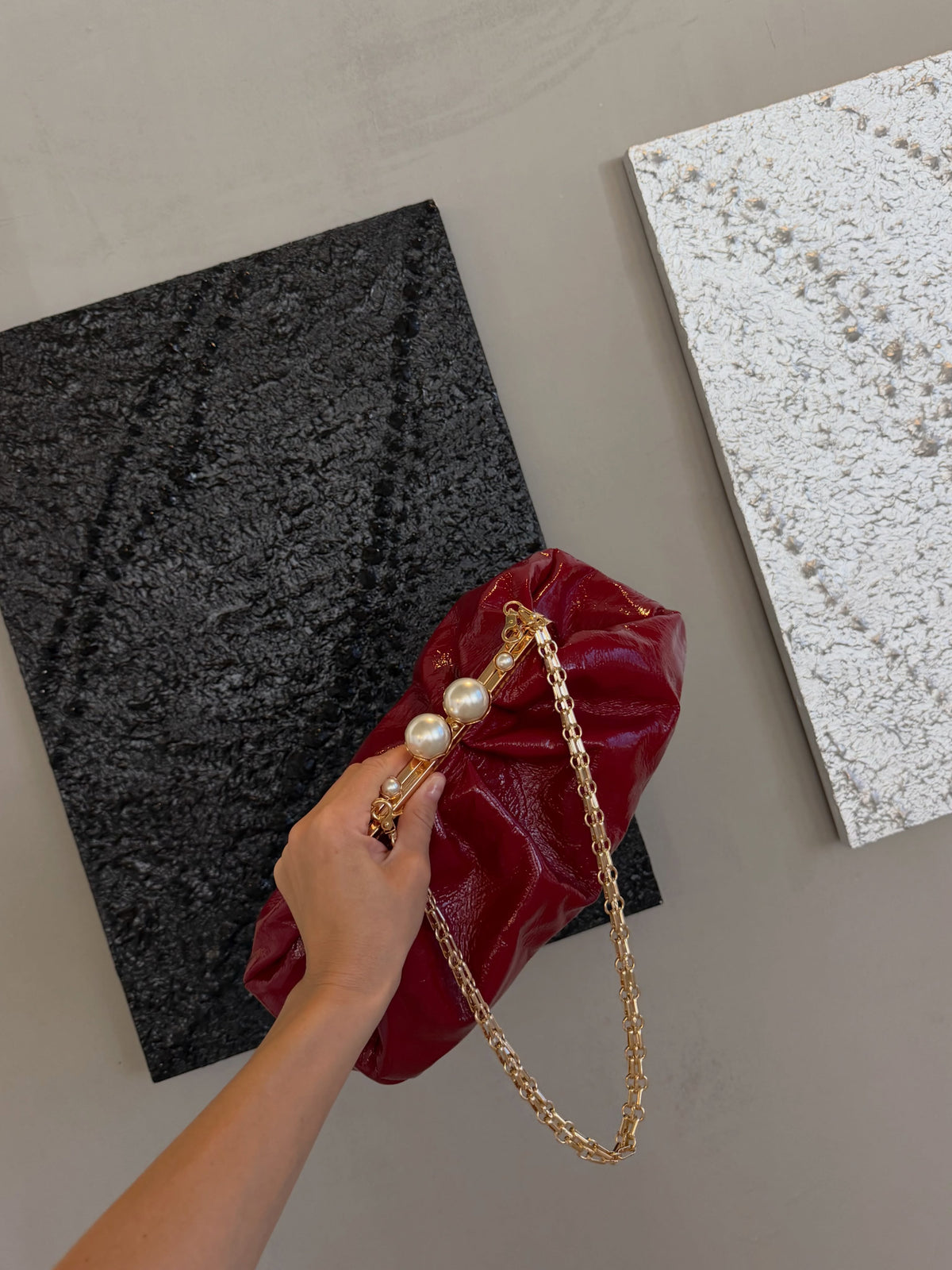 Red Leather Bag White-Pearl Kiss Lock,Frame Clutchbag