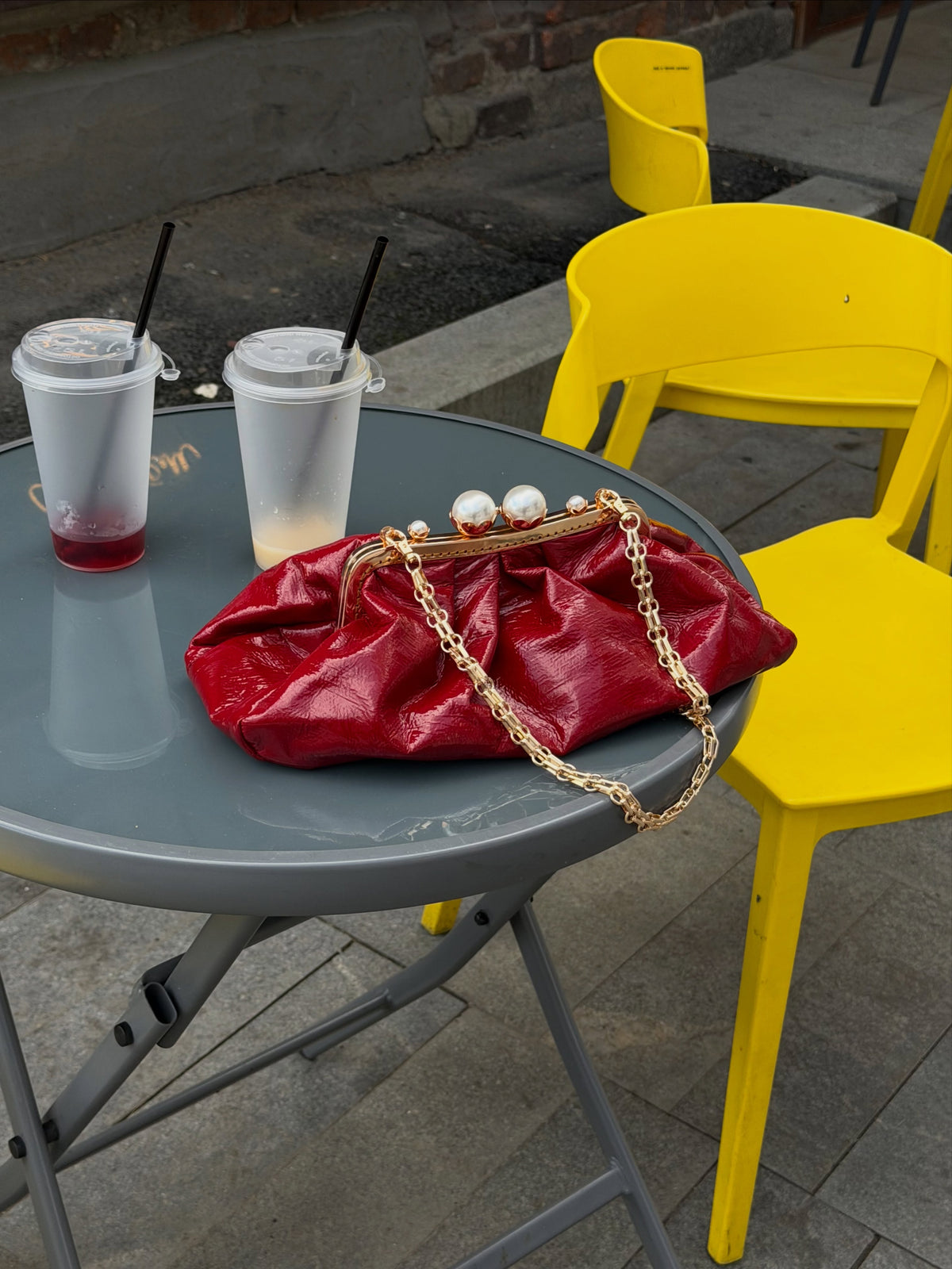 Red Leather Bag White-Pearl Kiss Lock,Frame Clutchbag