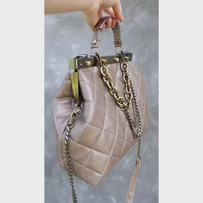 French vintage beige patchwork hand bag , quilted leather, golden frame