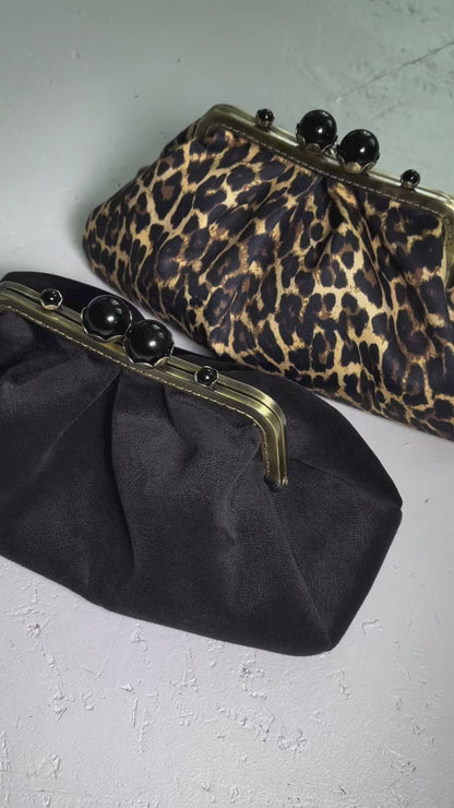 Black bead kiss lock frame,Leopard Clutch