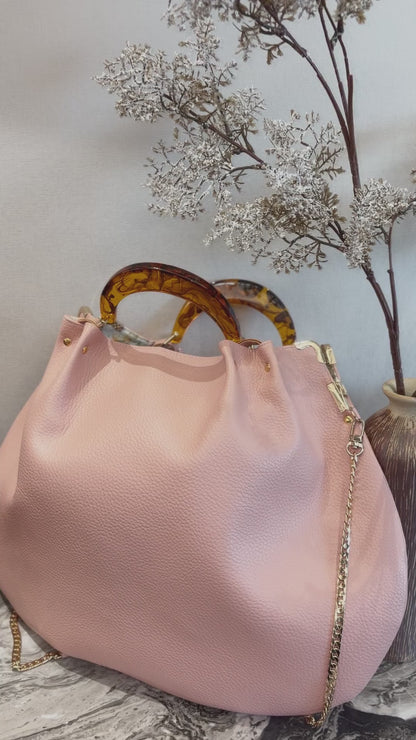 Pink Hanlebag, 49x36cm ,with Resin Tortoiseshell Handle