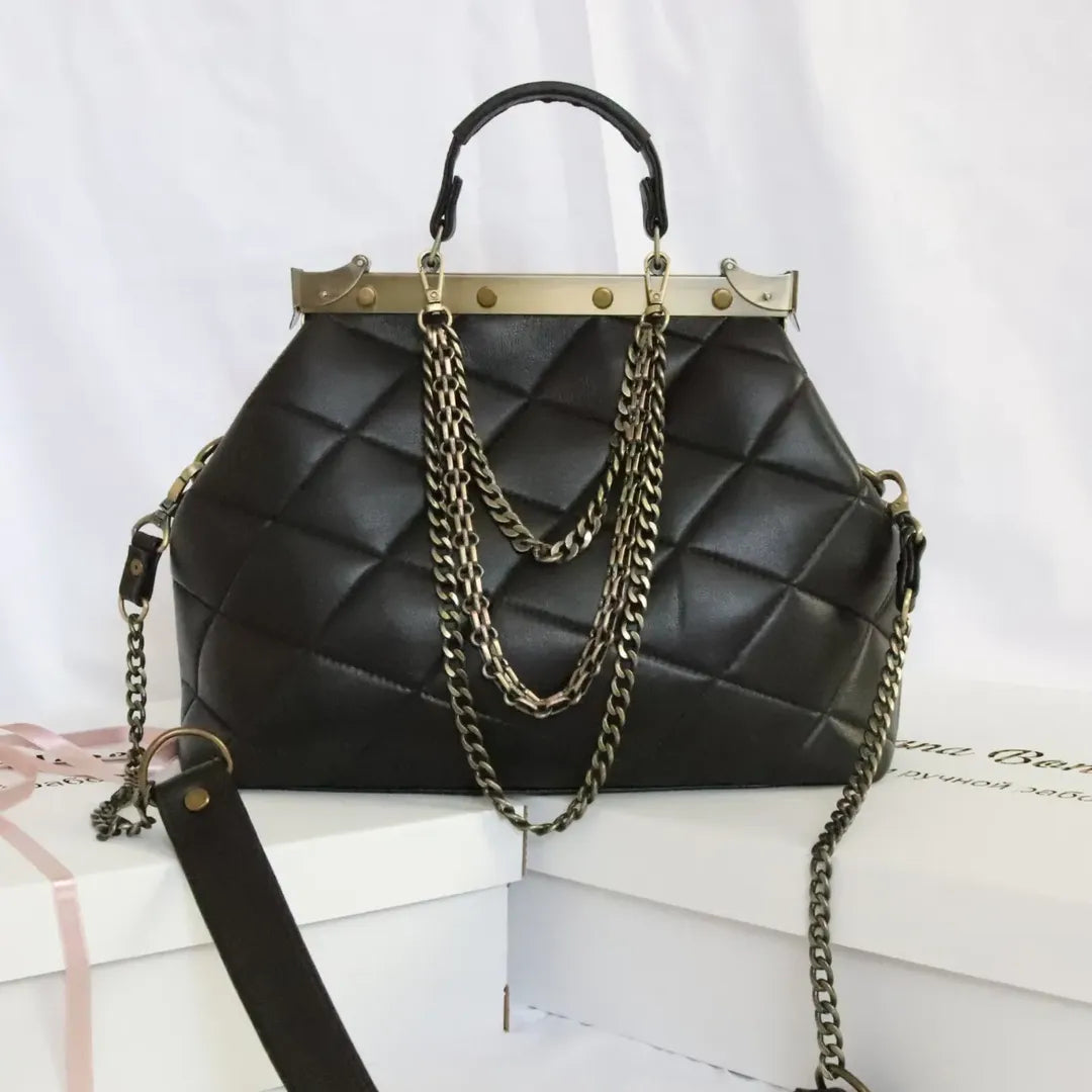 French vintage black patchwork hand bag , quilted leather, golden frame