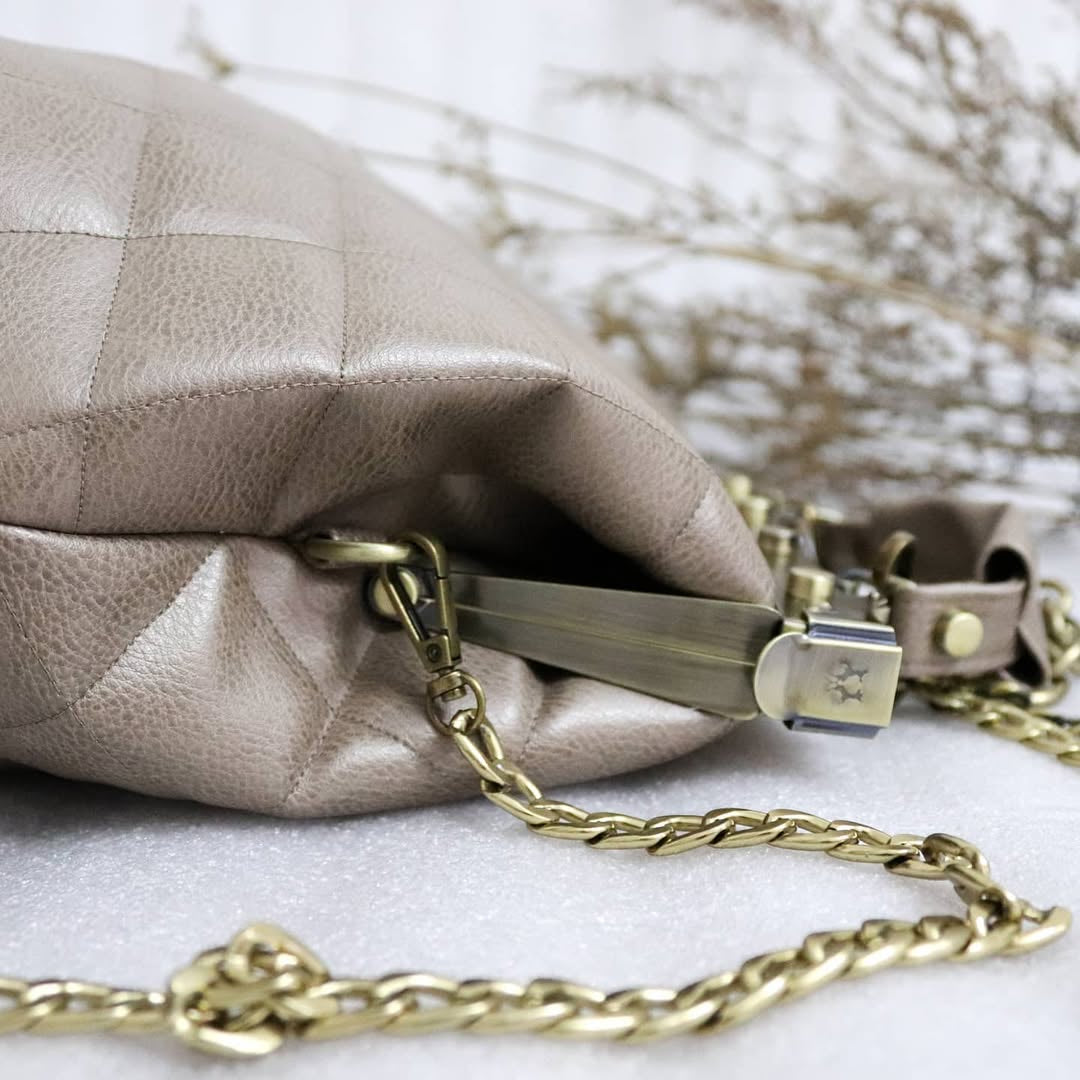 French vintage beige patchwork hand bag , quilted leather, golden frame