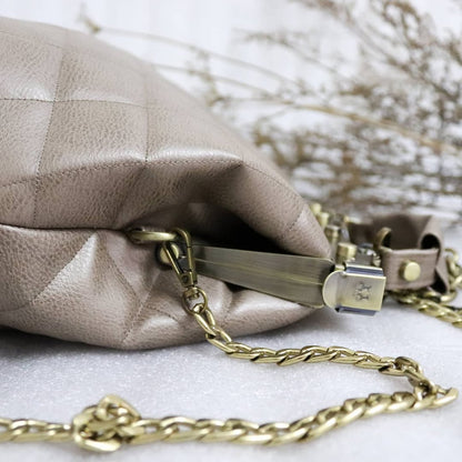 French vintage beige patchwork hand bag , quilted leather, golden frame