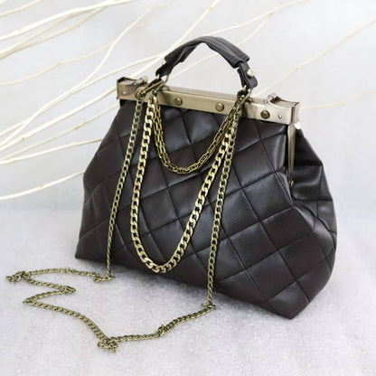 French vintage black patchwork hand bag , quilted leather, golden frame