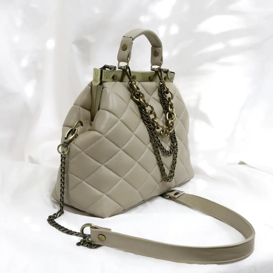 French vintage beige patchwork hand bag , quilted leather, golden frame