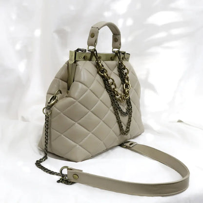 French vintage beige patchwork hand bag , quilted leather, golden frame